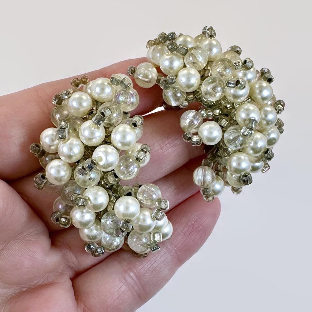 Vintage Earrings Half Hoops: Faux Pearls 80s Beaded Statement Big